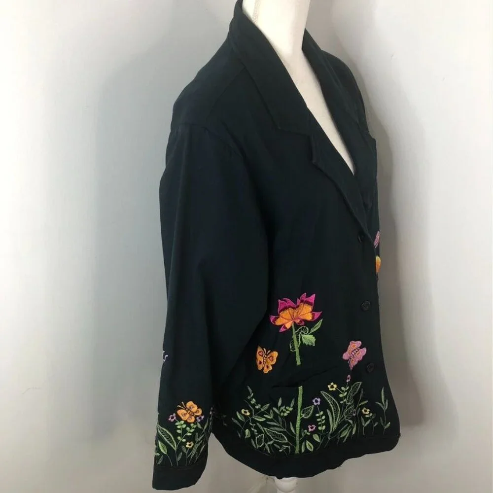 Quacker Factory Womens Black Jacket SZ 1X Embroidered Floral Butterflies *FLAWS* - Picture 12 of 16